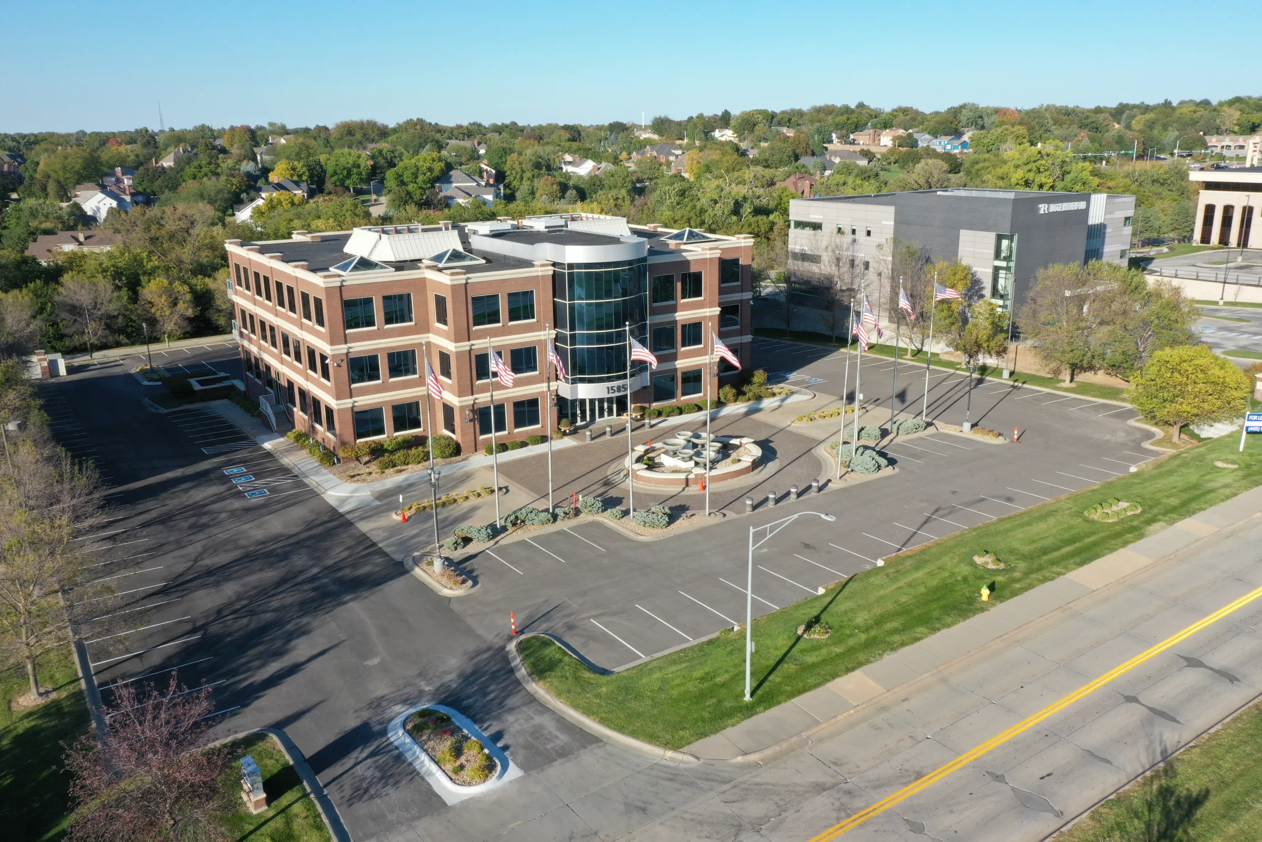 Aerial view of Millennium Plaza within the West Omaha office corridor along Dodge Road.