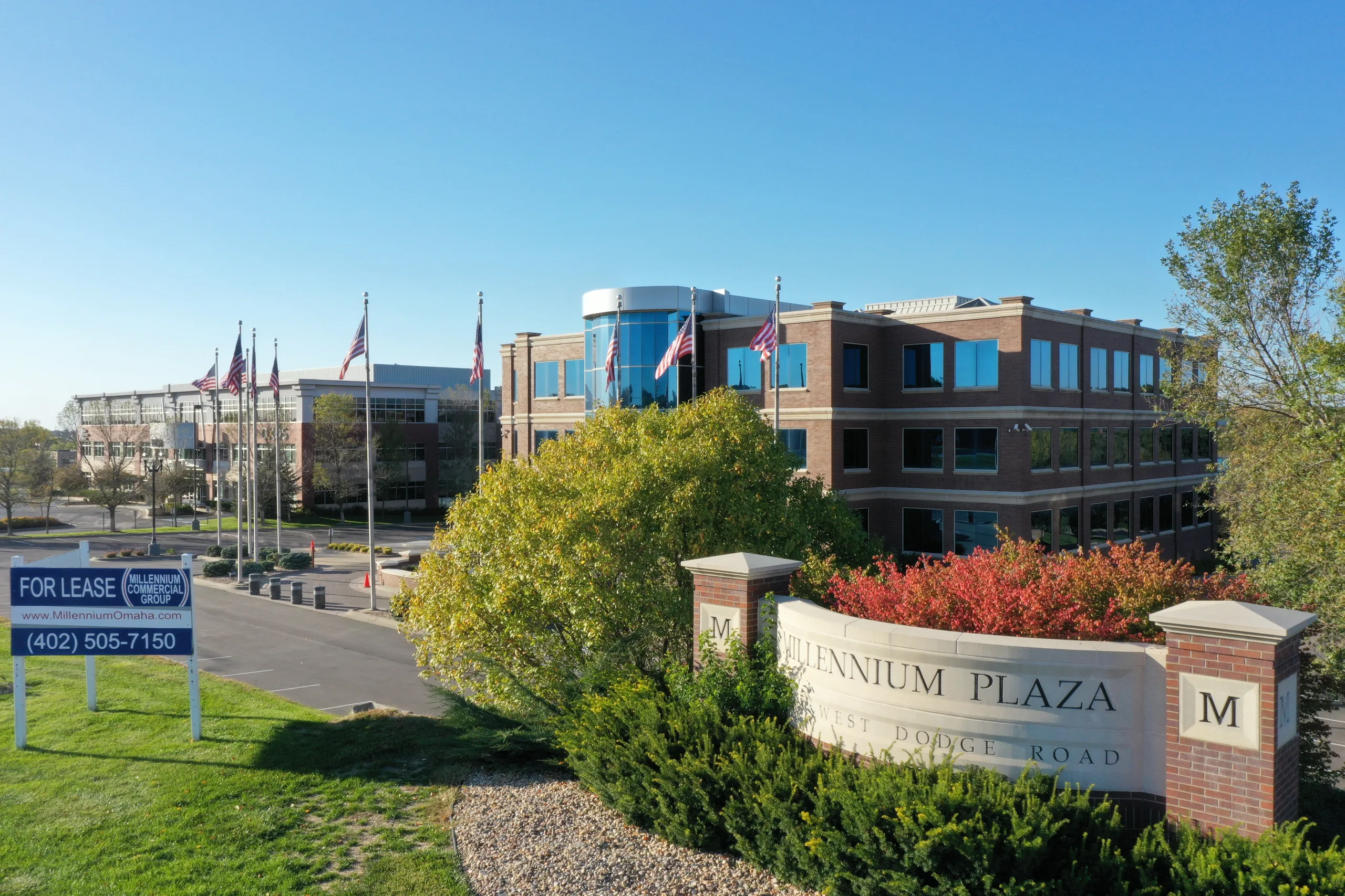 Aerial view of the Millennium Plaza monument sign along 15858 W. Dodge Road.